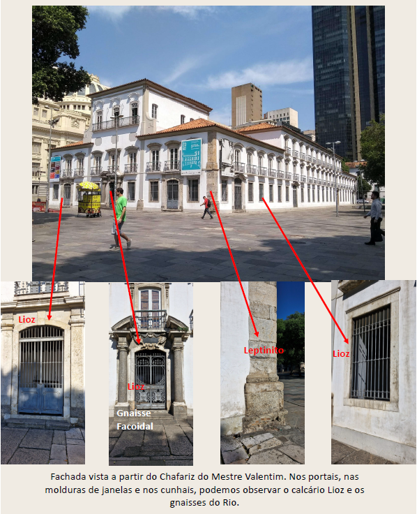 Fachada do Paço Imperial na Praça XV, com detalhes anotados de calcário lióz e gnaisses do Rio nos portais e molduras