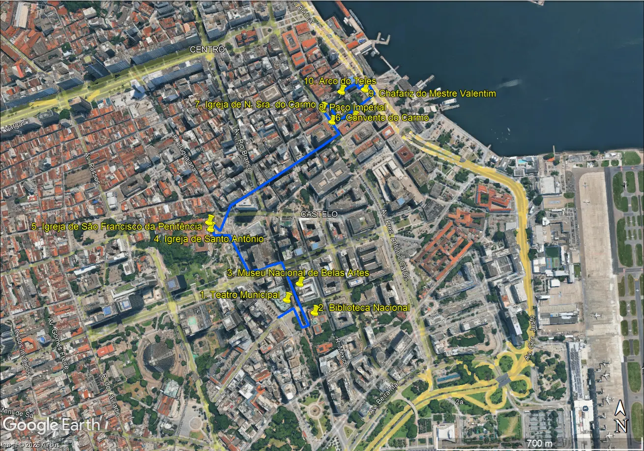 Mapa do roteiro com as 10 paradas marcadas no Centro do Rio, do Teatro Municipal ao Arco do Teles