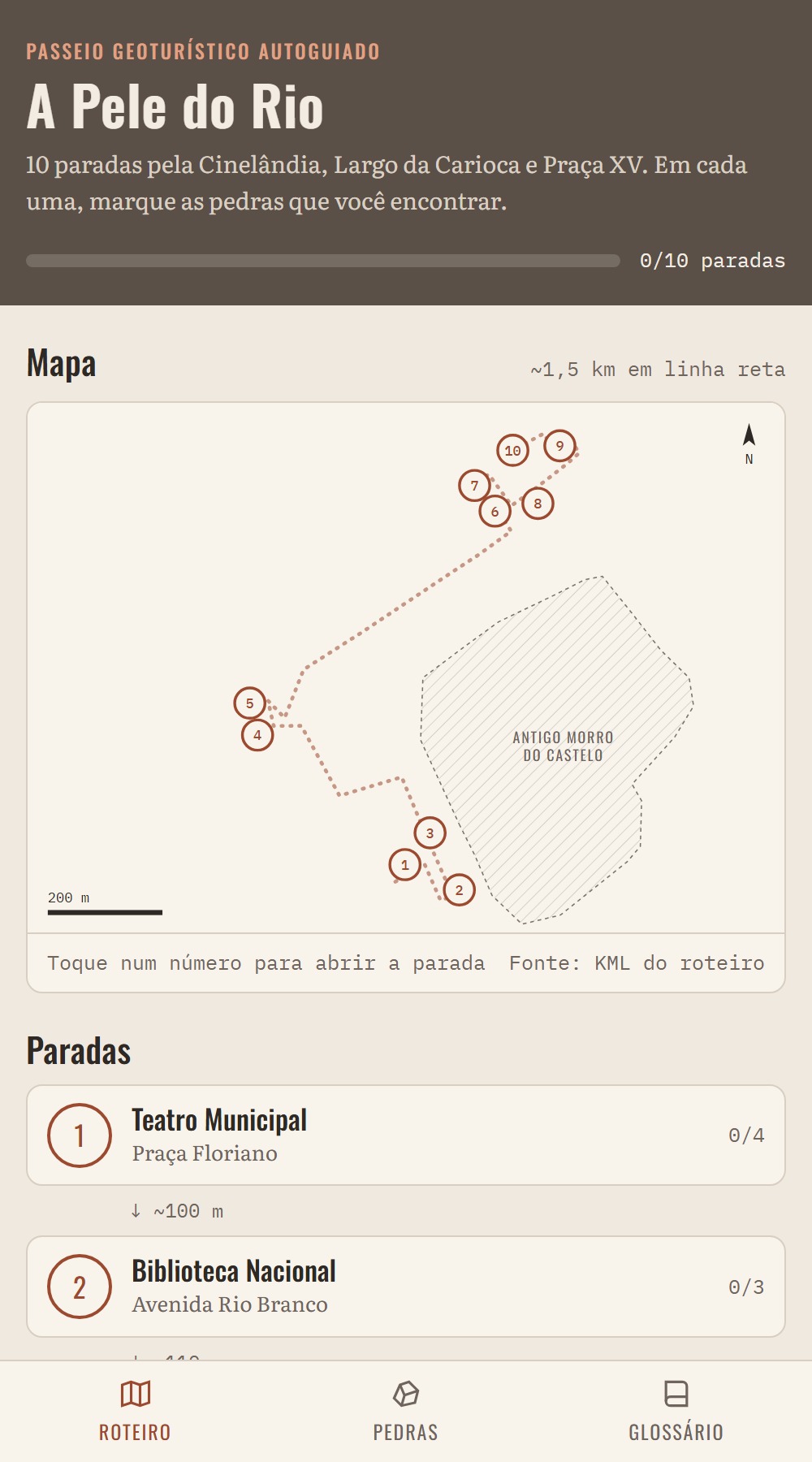 Tela do app A Pele do Rio com o mapa das 10 paradas